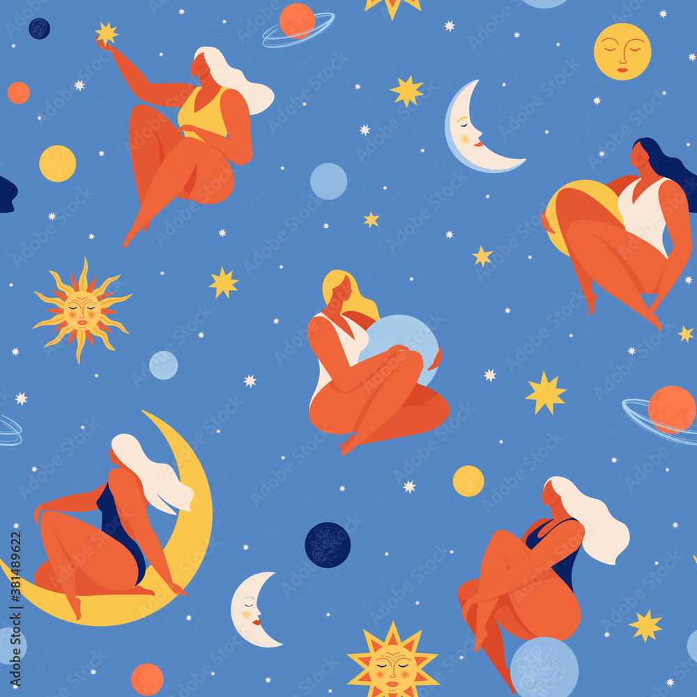 Set of people flying in space vector flat illustration. Collection of women holding planet with dream universe. Concept in flat graphic. Vector seamless pattern.