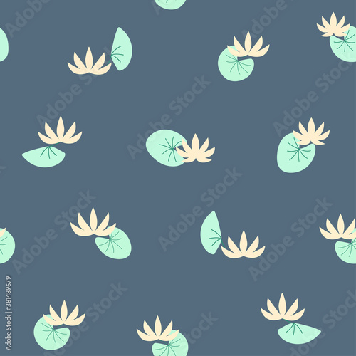 Water lilies flowers flat vector seamless pattern. Floral hand drawn lotus on dark blue background. Plants texture with cartoon color leaves. Trendy illustration for wrapping paper  wallpaper design
