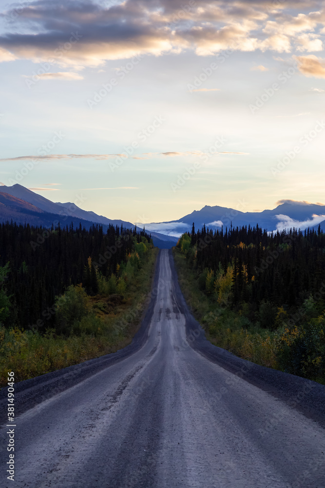 View of Scenic Road Leading to Tombstone and Mountains in Canadian Nature. Dempster Highway, Yukon, Canada.