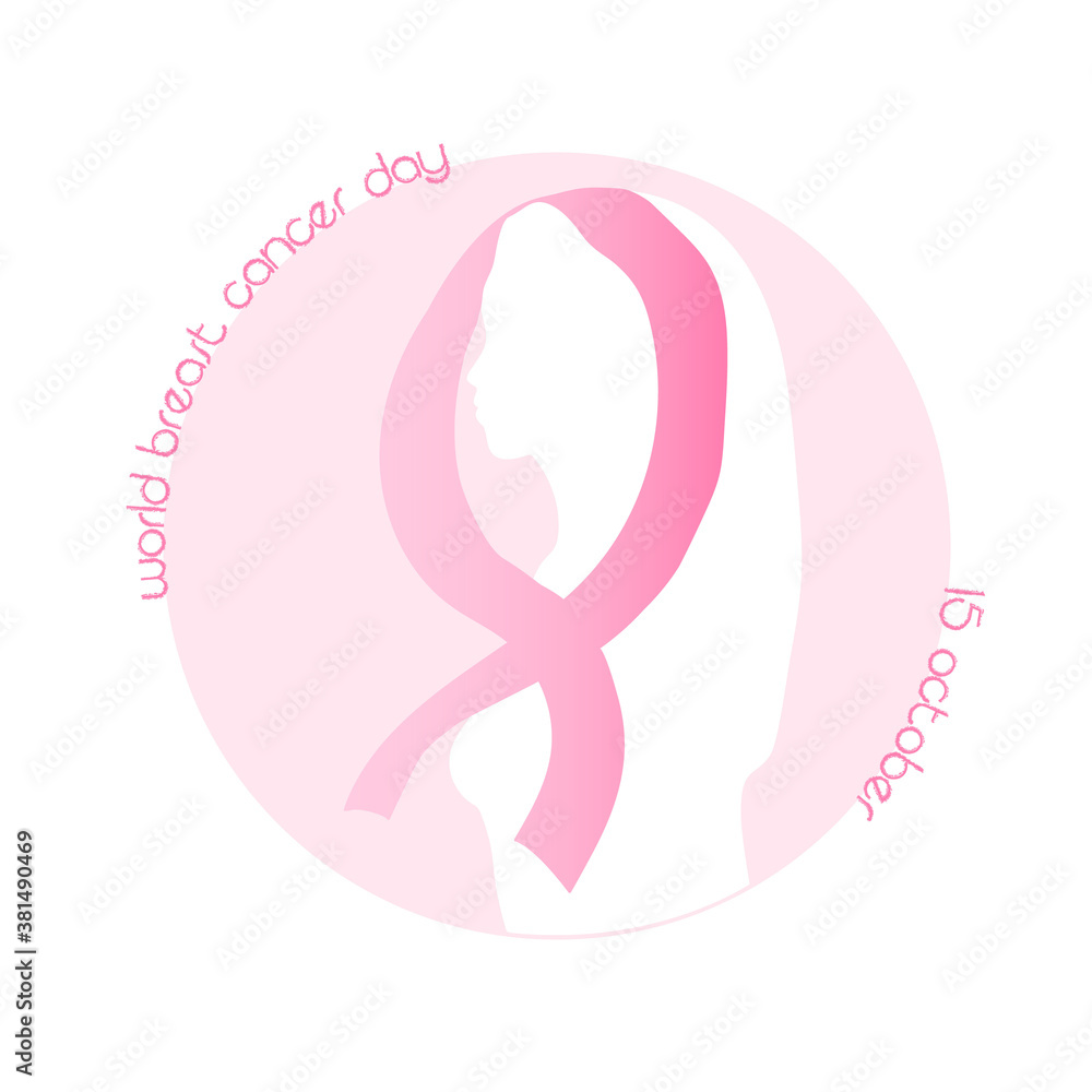 Symbol of the fight against breast cancer. Vector illustration of a silhouette of a woman and a pink ribbon. October 15 World breast cancer day