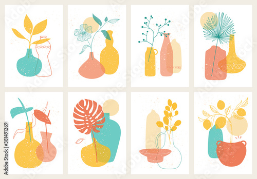 Collection of contemporary art posters with bright compositions of ceramics with flowers. 