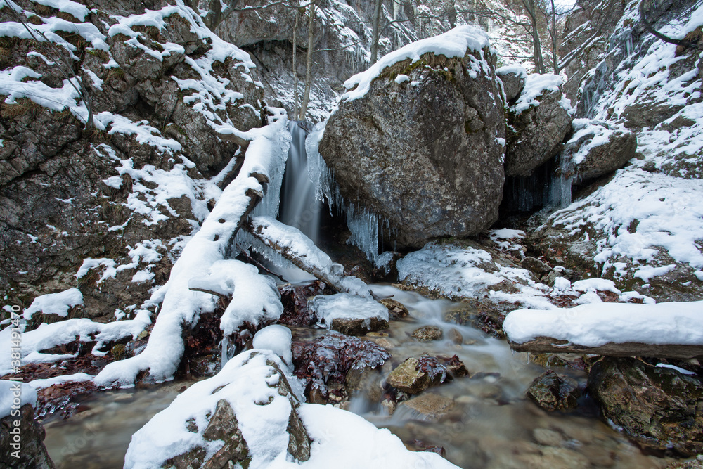 Icicles in Slovakia nature. Wintertime in nature. Cold valley. Icicles in Slovakia nature. Wintertime in nature. Cold valley.