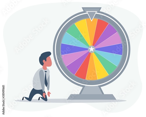 Funny Office Worker Standing on his knees Near the Wheel of Business Fortune. Vector Illustration