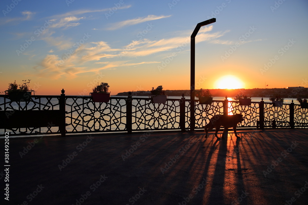 View from a pedestrian bridge at sunset. Silivri, Turkey.