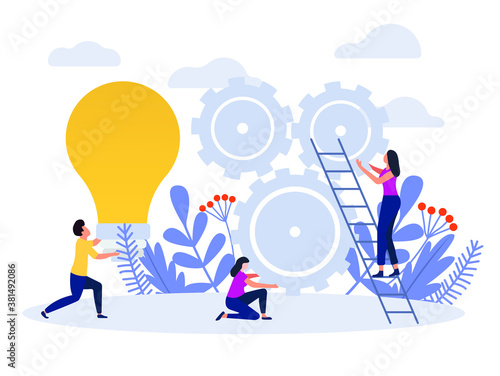 Teamwork flat.Flat vector illustration, teamwork on finding new ideas, search for new solutions, creative work vector