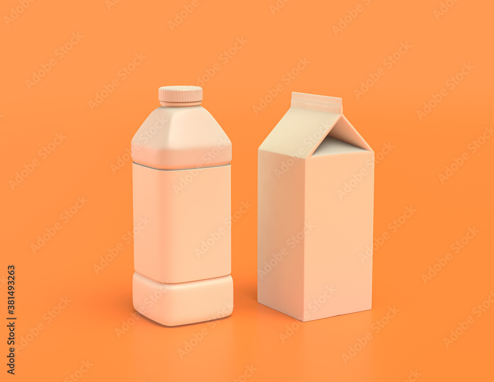 plastic and carton milk or juice container in yellow orange background, flat colors, single color, 3d rendering plastic and carton milk or juice container in yellow orange background, flat colors, single color, 3d rendering