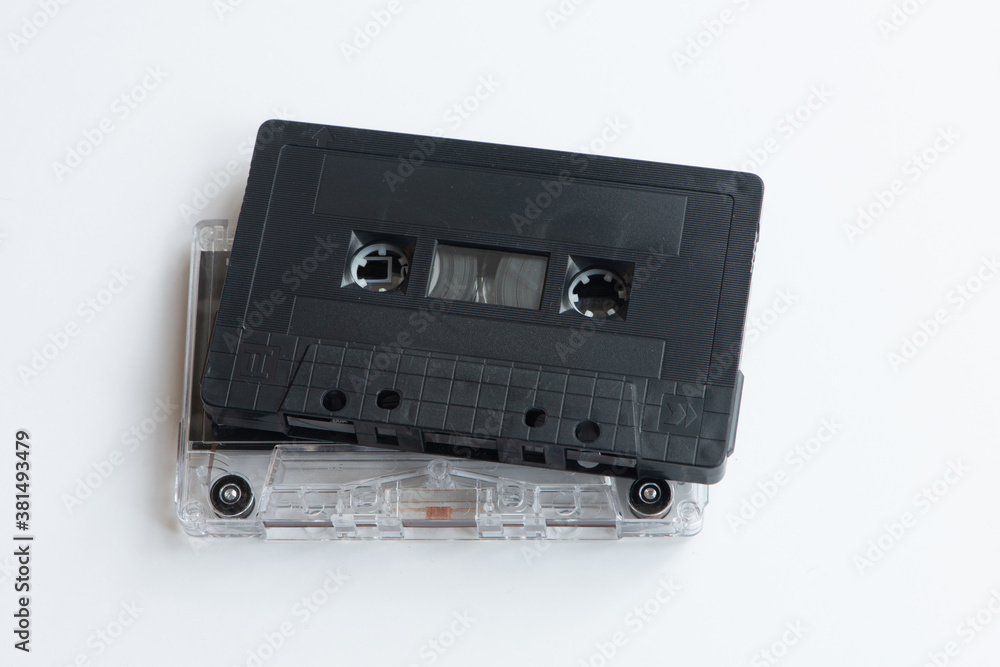 Retro plastic cassettes tape from 70s 80s 90s. Top view. Concept of music history. Retro plastic cassettes tape from 70s 80s 90s. Top view. Concept of music history.