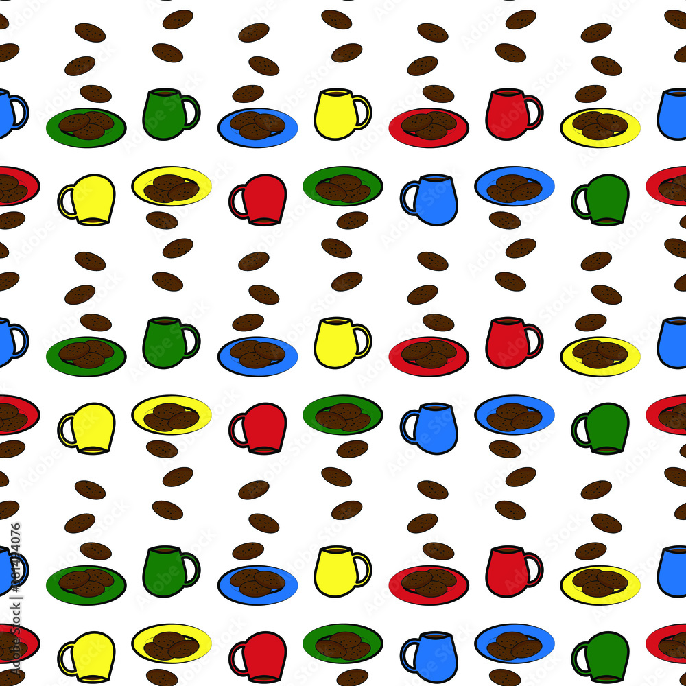 Seamless cups and plates with cookies vector pattern on white background Seamless cups and plates with cookies vector pattern on white background