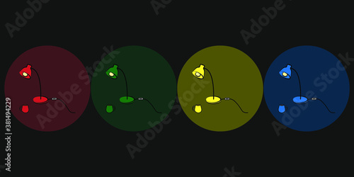 Set of 4 retro table colorful lamps with switcher on darkgrey background in round colour shadows