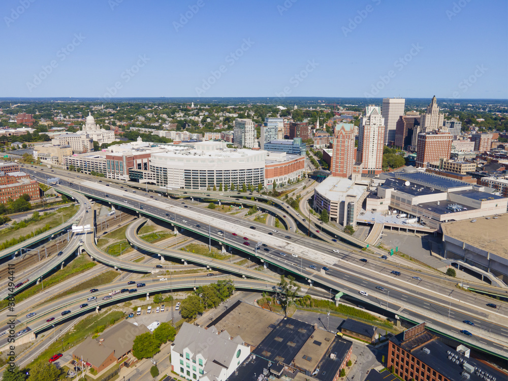 Providence interchange road at Interstate Highway I-95 exit 22 to Memorial Blvd aerial view in downtown Providence, Rhode Island RI, USA.