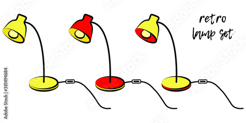Set of three retro table colorful lamps with switcher on white background