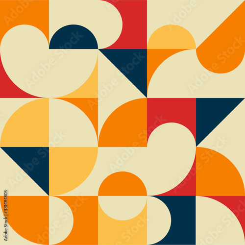 Geometric abstract vector pattern. Modern art graphic design  flat simple shapes  triangle  rectangle  circle . Minimal artistic background  bright palette and unique form. Swiss style mural.