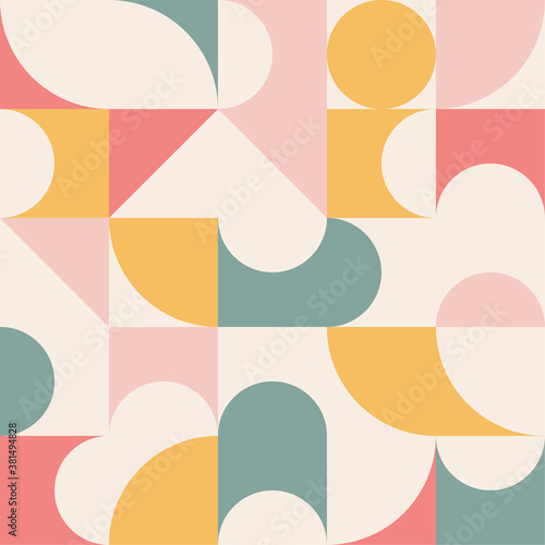 Abstract geometric seamless pattern. Clean simple shapes in minimalistic modern art. Artistic bright color graphic design. Flat swiss style grid texture. 