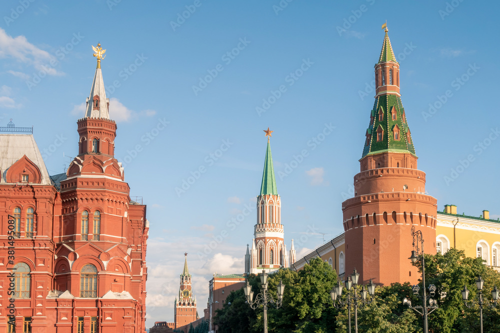 Moscow Kremlin towers and State Historical Museum at Red Square. Focus on foreground towers.