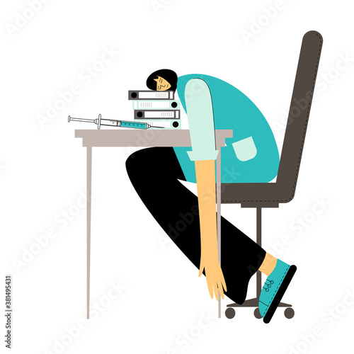 Tired medical worker is sleeping at his workplace.