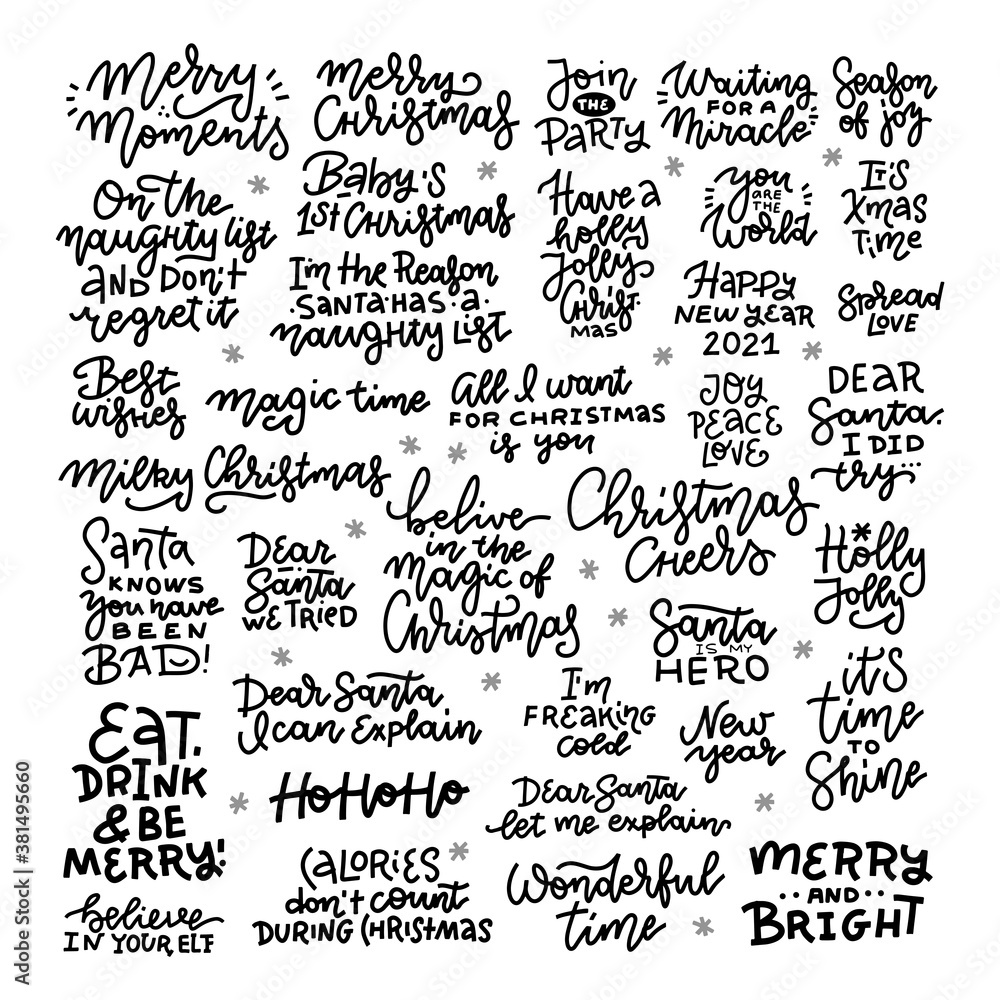 Christmas hand drawn black big lettering set. Xmas greetings, wishes handwritten phrases. Winter holidays sarcastic quotes. Cute New Year calligraphy collection. Poster, banner, card design elements