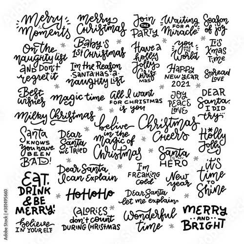 Christmas hand drawn black big lettering set. Xmas greetings, wishes handwritten phrases. Winter holidays sarcastic quotes. Cute New Year calligraphy collection. Poster, banner, card design elements