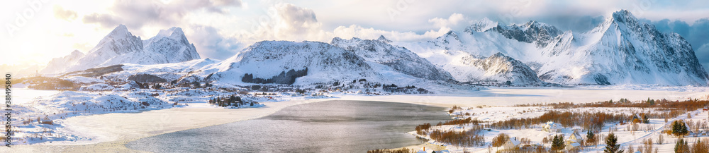 Astonishing winter scenery over Bostad village and Torvdalshalsen lake seen from Torvdalshalsen.