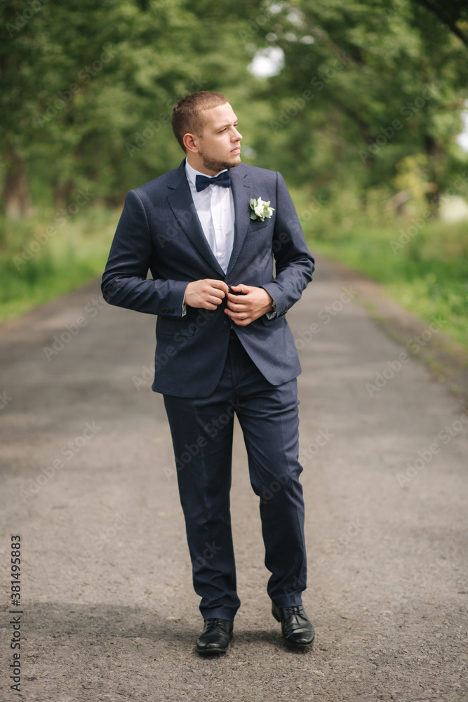 Handsome groom walking in the park and smile Handsome groom walking in the park and smile