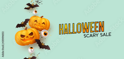 Happy Halloween Background realistic pumpkins and bats. Halloween scary sale. vector illustration