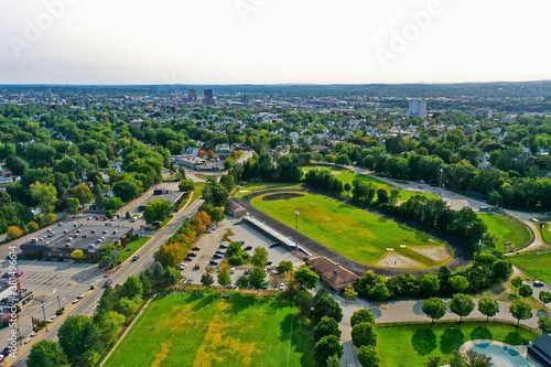 Aerial Drone Photography Of Downtown Manchester, NH (New Hampshire) During The Summer