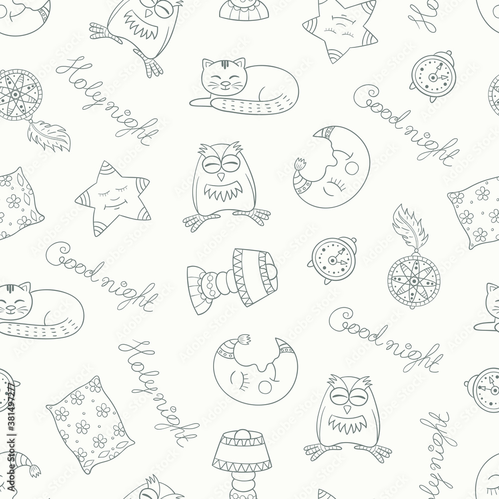 Naklejka premium Vector cute seamless pattern with sleep objects and animals. Everyone has sweet dreams. Drawing made in childish style