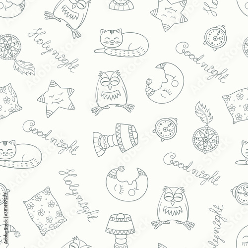 Vector cute seamless pattern with sleep objects and animals. Everyone has sweet dreams. Drawing made in childish style