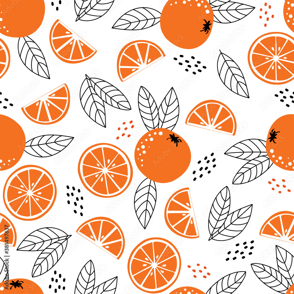 Seamless bright pattern with fresh oranges on a white background. Suitable for fabric, labels, t-shirt printing, wallpaper, covers, wrapping paper. Fruit background in flat style. Seamless bright pattern with fresh oranges on a white background. Suitable for fabric, labels, t-shirt printing, wallpaper, covers, wrapping paper. Fruit background in flat style.