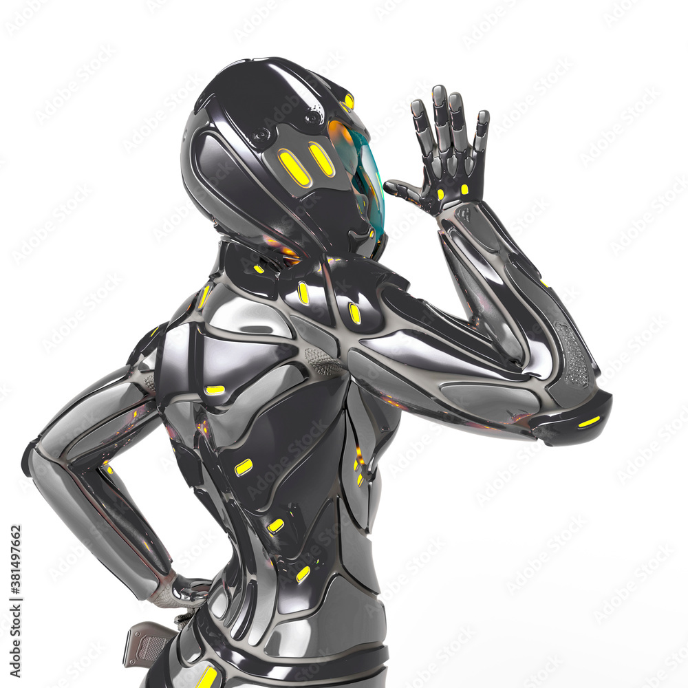 astronaut girl on sci-fi suitis mocking you up side view astronaut girl on sci-fi suitis mocking you up side view