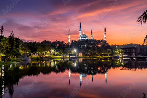Majestic sunrise view of Sultan Salahuddin Abdul Aziz Shah mosque, known as Shah Alam mosque.