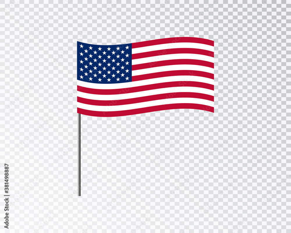 USA flag waving hanging down 3d flagpole vector on blank background USA flag waving hanging down 3d flagpole vector on blank background
