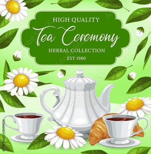Herbal tea drinking ceremony vector mugs, teapot and chamomile flowers buds with croissant and green leaves around. Hot drink, brown beverage, Black tea brew in white porcelain cups cartoon poster