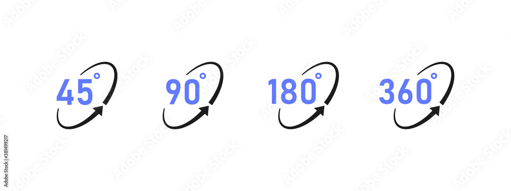 Set degrees view icon. Angle set of 45, 90, 180 and 360 Degrees. Logos design for video, panoramic images and virtual reality. Vector illustration