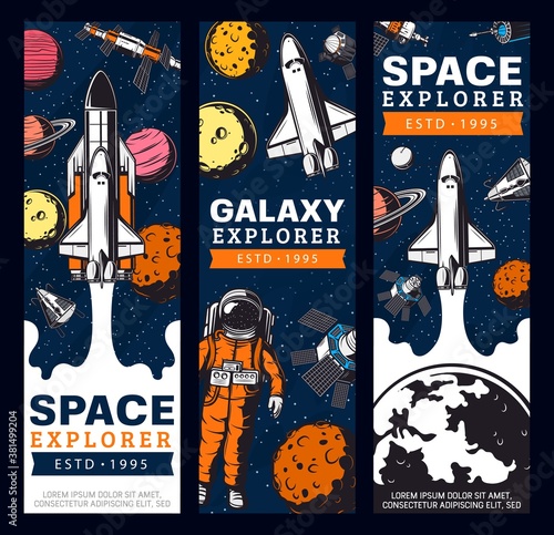 Space exploration retro vector banners. Galaxy expedition adventure vintage cards with astronaut, shuttle space explorer, satellites and planets in outer space. Cosmos research, colonization mission
