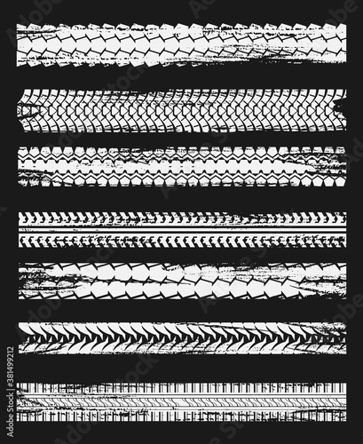 Tire prints, tyres track isolated grunge vector car treads black marks. Rally, motocross bike protectors, vehicle, transportation dirty wheels trace. Abstract monochrome pattern, graphic texture set