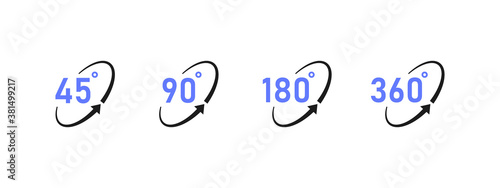 Set degrees view icon. Angle set of 45, 90, 180 and 360 Degrees. Logos design for video, panoramic images and virtual reality. Vector illustration