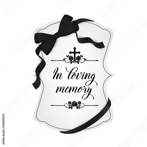 Funeral card, vector vintage condolence typography with rose flowers ornament, flourishes and obituary mourning ribbon with cross. Monochrome retro obsequial memorial, funeral sorrowful card design