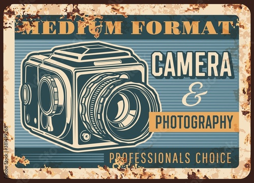 Photo camera rusty metal plate, vector vintage rust tin sign with retro photo camera. Ferruginous poster for optical technics store. Courses, classes or tutorials for photographers, workshop, school