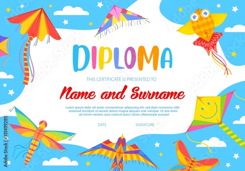 School education diploma vector template with cartoon kites flying in blue cloudy sky. school or kindergarten student certificate frame for participation in kitesurfing festival with bright kites