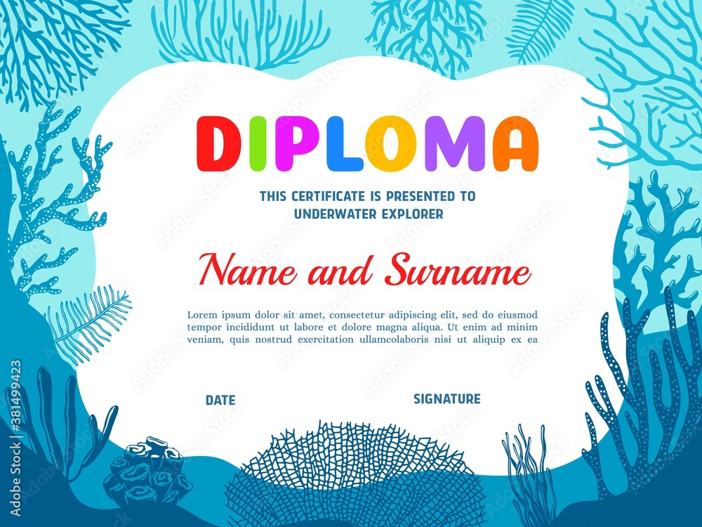 Diploma for underwater explorer with seaweeds vector template. Diving