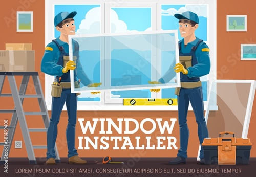 Windows installers service vector banner. Construction workers holding glass, measuring frame and installing plastic window in house or apartment, workmen in overalls setting mosquito net vector