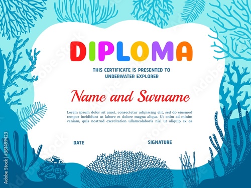 Diploma for underwater explorer with seaweeds vector template. Diving club certificate with under water alga. Scuba diving border design, education diploma for participation, achievement or graduation