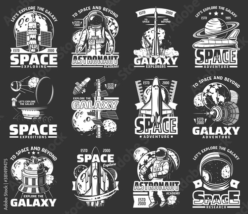 Outer space explore monochrome vector icons. Universe expedition galaxy adventure. Astronaut, space shuttle and satellites cosmos research. Explorers and alien planet colonization mission retro labels