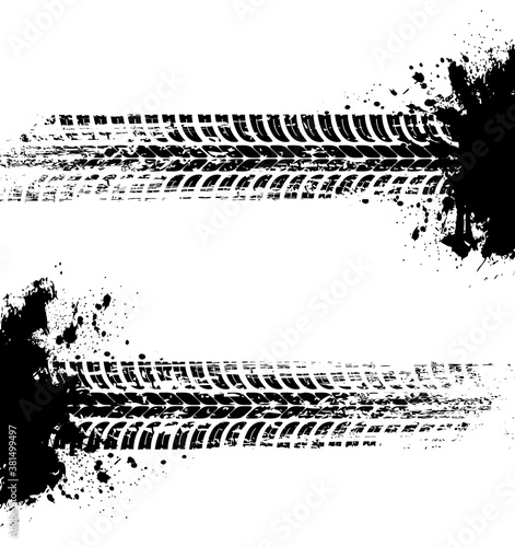 Tire prints, car tyre tracks isolated grunge vector marks. Offroad auto or bike race, vehicle wheels trace with abstract dirty spots. Monochrome brush stroke pattern, graphic texture, design elements