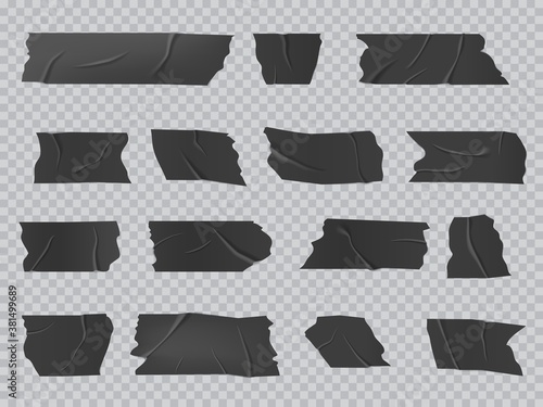 Duct tape, isolated vector black adhesive wrinkled scotch stripes, glued sticky tape pieces for fix, repair or packaging baggage. Realistic 3d insulating plaster or paper cut patches set