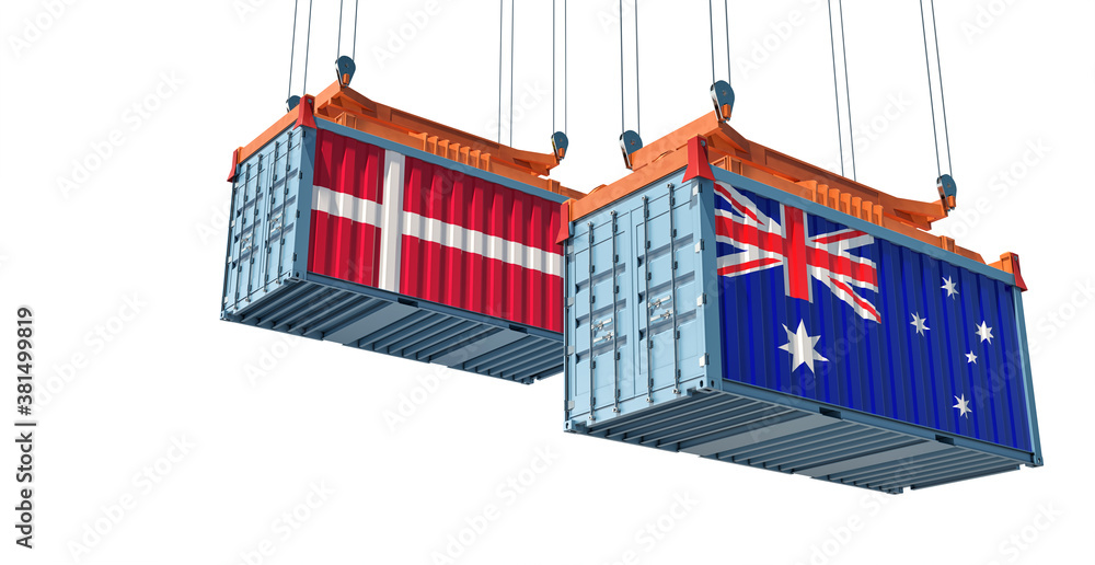 Freight containers with Australia and Denmark national flag. 3D Rendering