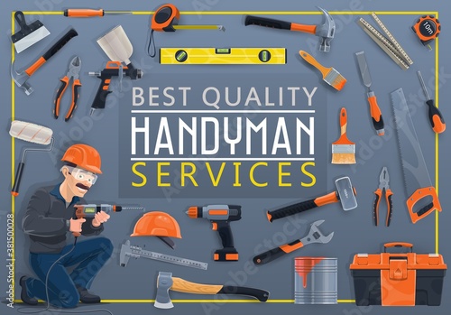 Handyman service, house repair and construction worker tools. Builder using drill, toolbox, hand saw and sledgehammer, spanner, pliers and paintbrush, bubble level, screwdriver and hammer vector