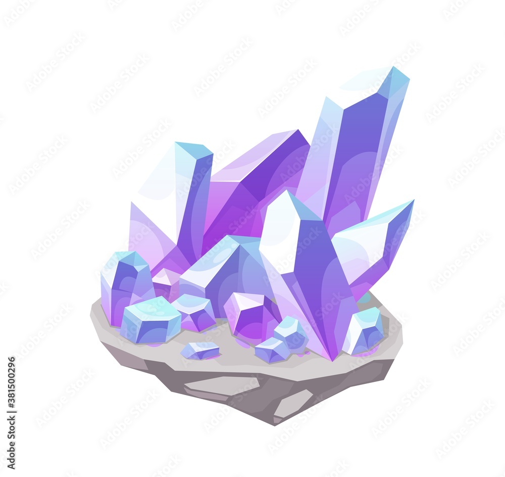 Obraz premium Magic crystal, lilac gem stone vector icon. Mineral violet rock, isolated crystalline gemstone chrysoberyl, alexandrite or quartz. Jewelry precious mineralogy symbol. Cartoon semiprecious amethyst