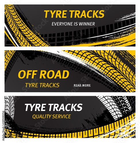 Tyre tracks, off road tire prints vector car grunge tread abstract marks. Rally, motocross bike protectors, vehicle, transportation dirty wheels trace, protector skid. Quality auto service banners set