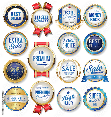 Retro vintage gold and blue badges labels and ribbons